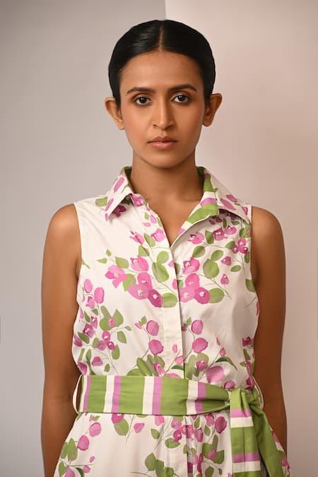 Shop_Rimi Nayak_Pink Polyester, Rayon Pearls Collared Bougainvillea Printed Summer Dress _Online_at_Aza_Fashions