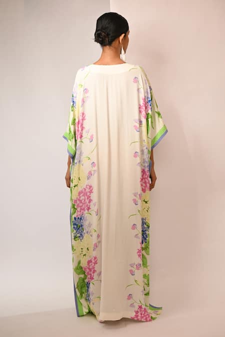 Shop Rimi Nayak White Viscose, Crepe Pearls V-neck Floral Printed Kaftan With Detailing at Aza Fashions Shop_Rimi Nayak_White Viscose, Crepe Pearls V-neck Floral Printed Kaftan With Detailing _at_Aza_Fashions