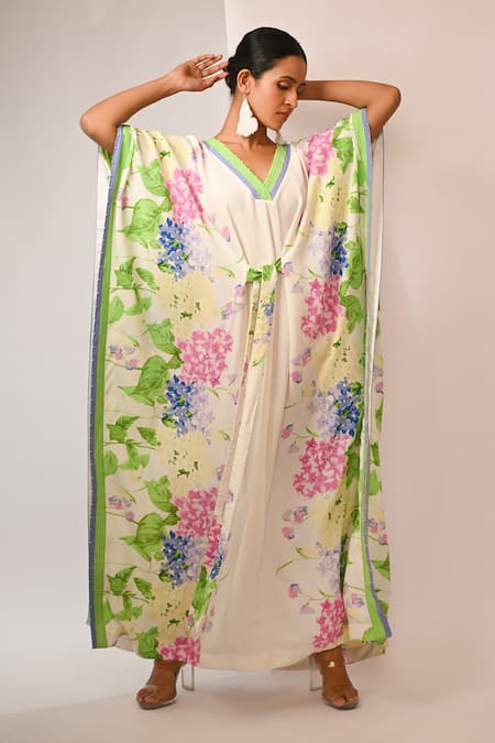 Rimi Nayak White Viscose, Crepe Pearls V-neck Floral Printed Kaftan With Detailing Online at Aza Fashions Rimi Nayak_White Viscose, Crepe Pearls V-neck Floral Printed Kaftan With Detailing _Online_at_Aza_Fashions