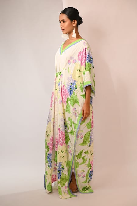 Buy Rimi Nayak White Viscose, Crepe Pearls V-neck Floral Printed Kaftan With Detailing Online at Aza Fashions Buy_Rimi Nayak_White Viscose, Crepe Pearls V-neck Floral Printed Kaftan With Detailing _Online_at_Aza_Fashions