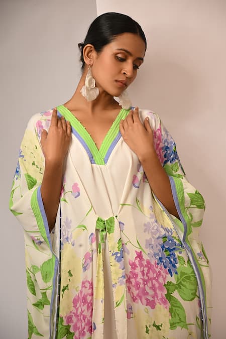 Shop Rimi Nayak White Viscose, Crepe Pearls V-neck Floral Printed Kaftan With Detailing Online at Aza Fashions Shop_Rimi Nayak_White Viscose, Crepe Pearls V-neck Floral Printed Kaftan With Detailing _Online_at_Aza_Fashions
