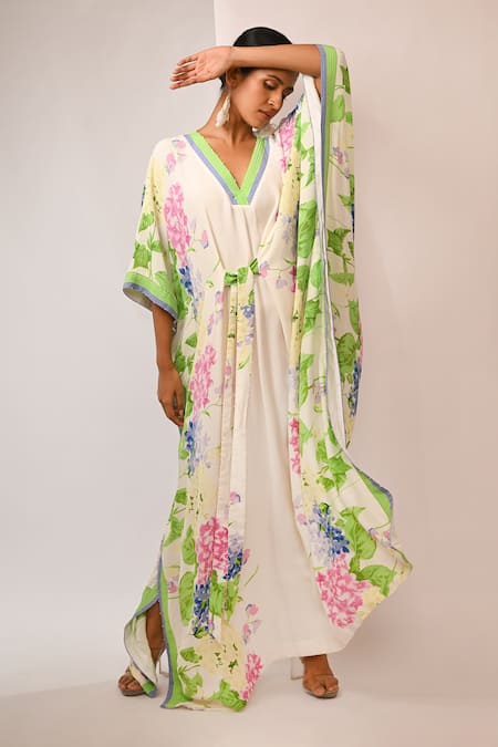 Rimi Nayak White Viscose, Crepe Pearls V-neck Floral Printed Kaftan With Detailing