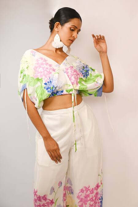 Buy Rimi Nayak White Viscose, Crepe Pearls V-neck Floral Printed Top And Trouser Set Online at Aza Fashions Buy_Rimi Nayak_White Viscose, Crepe Pearls V-neck Floral Printed Top And Trouser Set _Online_at_Aza_Fashions