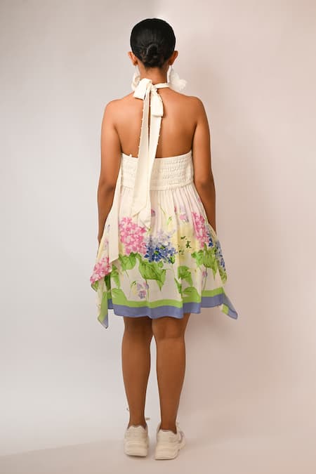 Shop Rimi Nayak White Viscose, Crepe Halter Neck Hydrangea Printed Top And Shorts Set at Aza Fashions Shop_Rimi Nayak_White Viscose, Crepe Halter Neck Hydrangea Printed Top And Shorts Set _at_Aza_Fashions