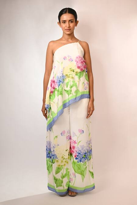 Rimi Nayak White Viscose, Crepe Embroidery One Shoulder Printed Top at Aza Fashions Rimi Nayak_White Viscose, Crepe Embroidery One Shoulder Printed Top _at_Aza_Fashions