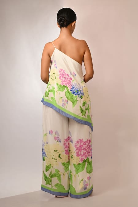 Shop Rimi Nayak White Viscose, Crepe Embroidery Hydrangea Printed Trousers at Aza Fashions Shop_Rimi Nayak_White Viscose, Crepe Embroidery Hydrangea Printed Trousers _at_Aza_Fashions
