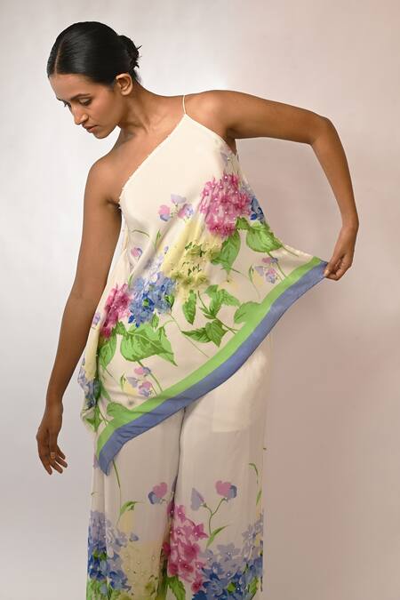 Shop Rimi Nayak White Viscose, Crepe Embroidery Hydrangea Printed Trousers Online at Aza Fashions Shop_Rimi Nayak_White Viscose, Crepe Embroidery Hydrangea Printed Trousers _Online_at_Aza_Fashions