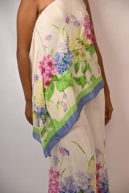 Rimi Nayak White Viscose, Crepe Embroidery, Fabric Flowers Floral Print Top And Trouser Set Online at Aza Fashions Rimi Nayak_White Viscose, Crepe Embroidery, Fabric Flowers Floral Print Top And Trouser Set _Online_at_Aza_Fashions