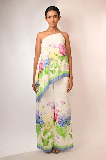 Rimi Nayak White Viscose, Crepe Embroidery, Fabric Flowers Floral Print Top And Trouser Set at Aza Fashions Rimi Nayak_White Viscose, Crepe Embroidery, Fabric Flowers Floral Print Top And Trouser Set _at_Aza_Fashions