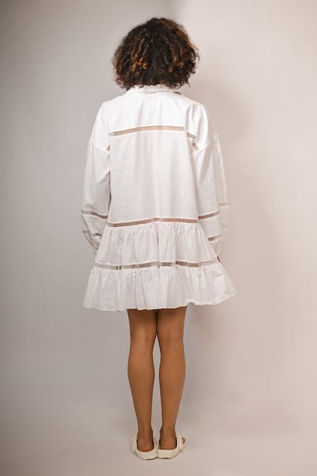 Shop Rimi Nayak White Cotton, Linen Pearls Collared Tiered Dress With Organza Details at Aza Fashions Shop_Rimi Nayak_White Cotton, Linen Pearls Collared Tiered Dress With Organza Details _at_Aza_Fashions