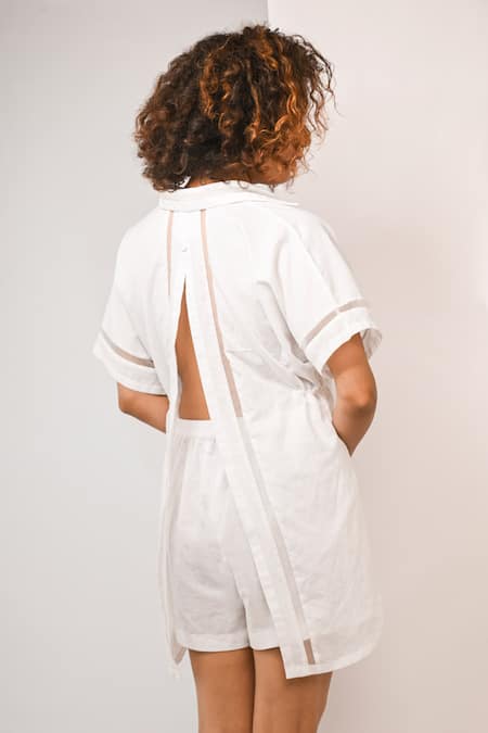 Shop Rimi Nayak White Cotton, Linen Collared Dropped Shoulder Shirt at Aza Fashions Shop_Rimi Nayak_White Cotton, Linen Collared Dropped Shoulder Shirt _at_Aza_Fashions