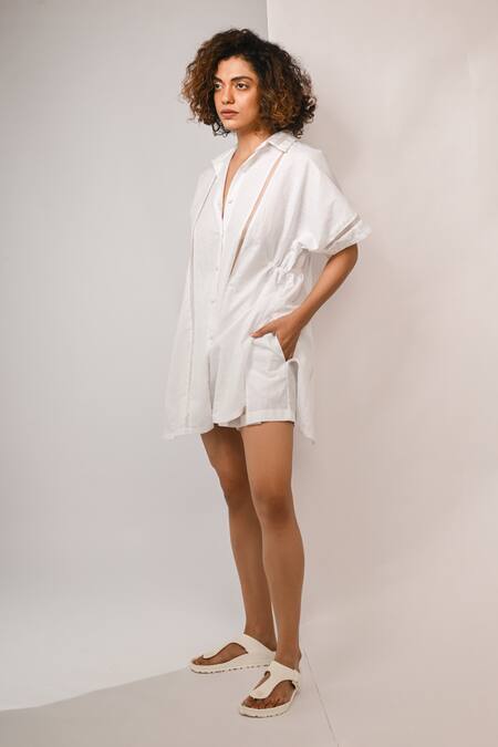 Rimi Nayak_White Cotton, Linen Box Pleat Shorts _Online_at_Aza_Fashions