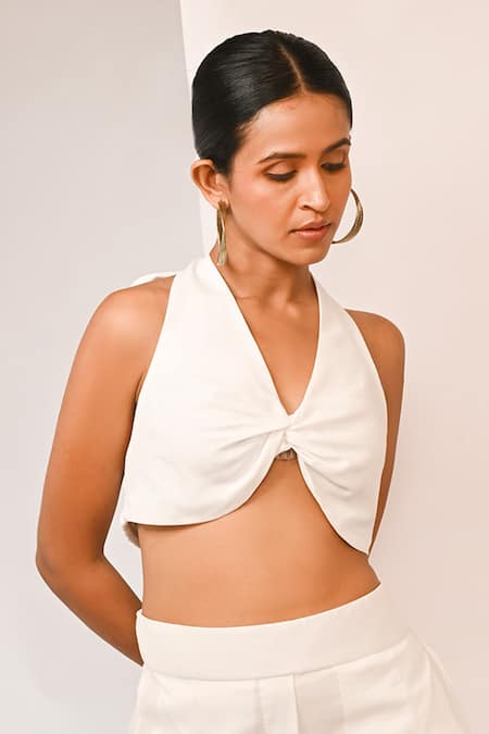 Rimi Nayak_White Polyester, Rayon Halter Neck Fitted Bralette _Online_at_Aza_Fashions