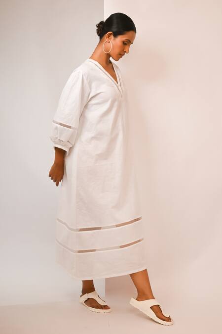 Rimi Nayak White Cotton, Linen Pearls V-neck Long Dress With Organza Details Online at Aza Fashions Rimi Nayak_White Cotton, Linen Pearls V-neck Long Dress With Organza Details _Online_at_Aza_Fashions