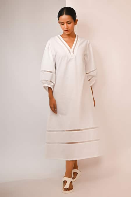 Rimi Nayak White Cotton, Linen Pearls V-neck Long Dress With Organza Details