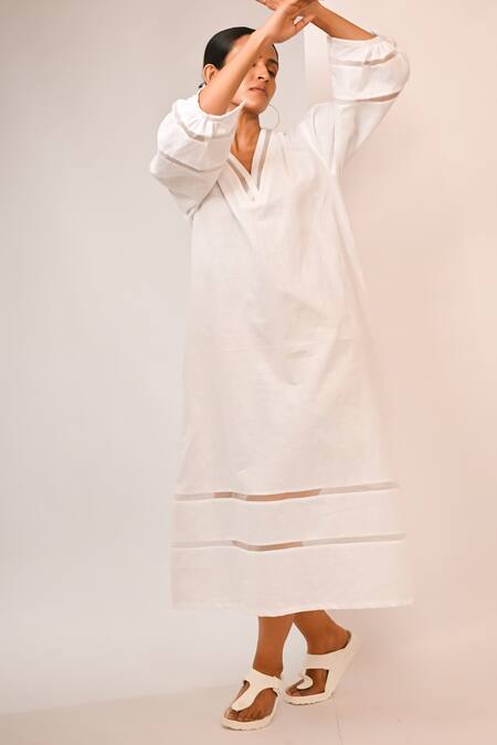 Buy Rimi Nayak White Cotton, Linen Pearls V-neck Long Dress With Organza Details Online at Aza Fashions Buy_Rimi Nayak_White Cotton, Linen Pearls V-neck Long Dress With Organza Details _Online_at_Aza_Fashions