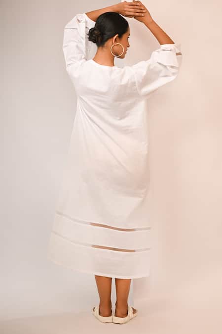 Shop Rimi Nayak White Cotton, Linen Pearls V-neck Long Dress With Organza Details at Aza Fashions Shop_Rimi Nayak_White Cotton, Linen Pearls V-neck Long Dress With Organza Details _at_Aza_Fashions