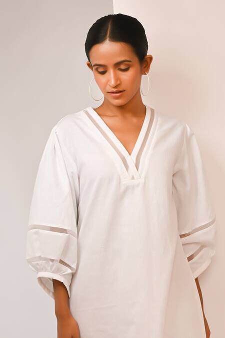 Shop Rimi Nayak White Cotton, Linen Pearls V-neck Long Dress With Organza Details Online at Aza Fashions Shop_Rimi Nayak_White Cotton, Linen Pearls V-neck Long Dress With Organza Details _Online_at_Aza_Fashions