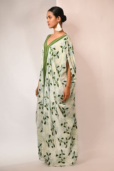 Rimi Nayak_Blue Viscose, Crepe Pearls V-neck Hygrangea Printed Maxi Dress _Online_at_Aza_Fashions