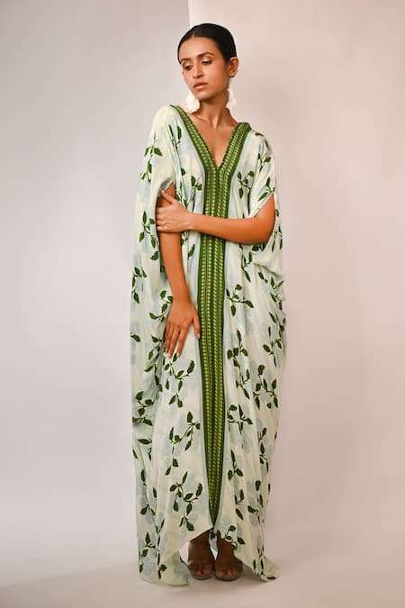 Rimi Nayak Blue Viscose, Crepe Pearls V-neck Hygrangea Printed Maxi Dress