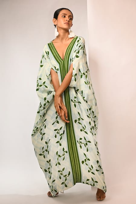 Buy_Rimi Nayak_Blue Viscose, Crepe Pearls V-neck Hygrangea Printed Maxi Dress _Online_at_Aza_Fashions