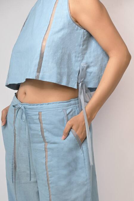 Rimi Nayak_Blue Cotton, Linen Round Neck Crop Top _Online_at_Aza_Fashions