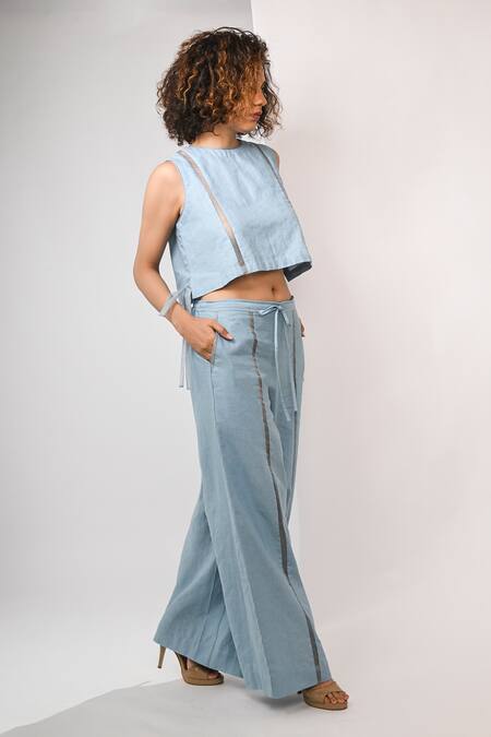 Buy_Rimi Nayak_Blue Cotton, Linen Round Neck Crop Top _Online_at_Aza_Fashions