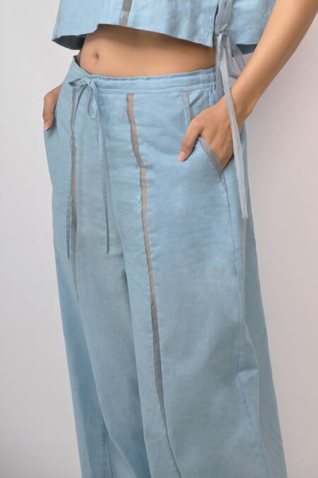 Rimi Nayak_Blue Cotton, Linen Trousers _Online_at_Aza_Fashions