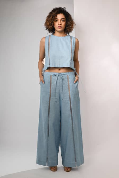 Buy_Rimi Nayak_Blue Cotton, Linen Trousers _Online_at_Aza_Fashions