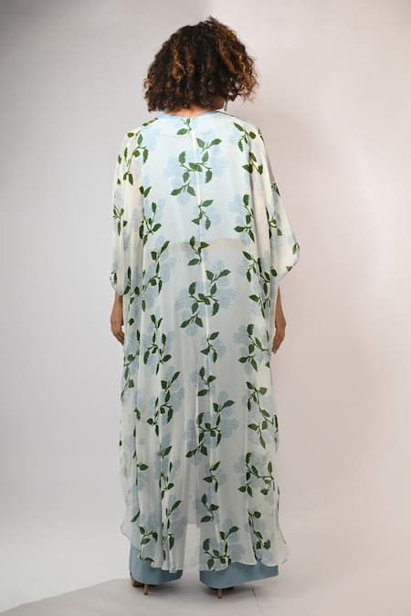 Shop Rimi Nayak Blue Viscose, Georgette Open Neck Hydrangea Printed Overlay at Aza Fashions Shop_Rimi Nayak_Blue Viscose, Georgette Open Neck Hydrangea Printed Overlay _at_Aza_Fashions