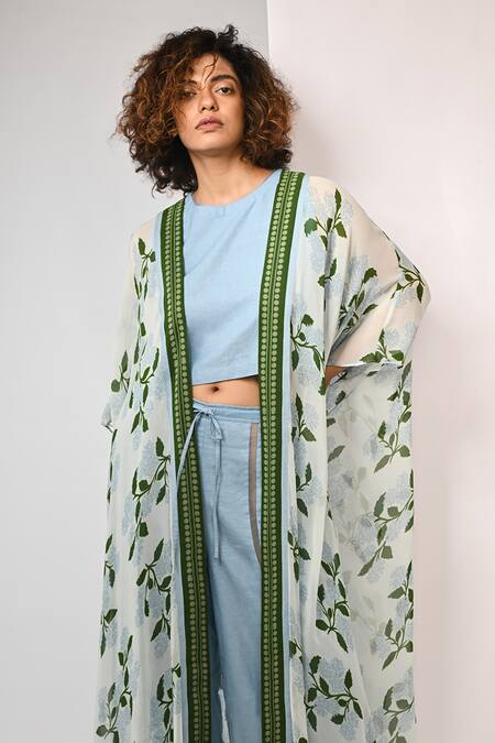 Rimi Nayak Blue Viscose, Georgette Open Neck Hydrangea Printed Overlay Online at Aza Fashions Rimi Nayak_Blue Viscose, Georgette Open Neck Hydrangea Printed Overlay _Online_at_Aza_Fashions