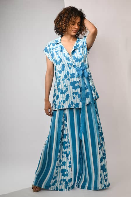 Rimi Nayak_Blue Viscose Bougainvillea Printed Trousers _Online_at_Aza_Fashions