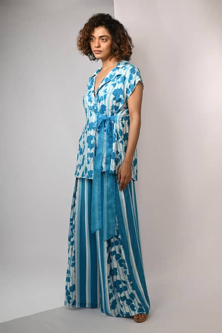 Rimi Nayak Blue Viscose, Crepe Bougainvillea Printed Blazer Trouser Set Online at Aza Fashions Rimi Nayak_Blue Viscose, Crepe Bougainvillea Printed Blazer Trouser Set _Online_at_Aza_Fashions