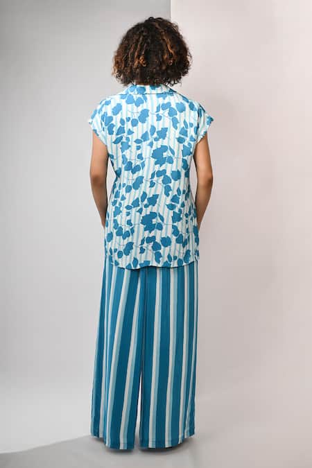 Shop Rimi Nayak Blue Viscose, Crepe Bougainvillea Printed Blazer Trouser Set at Aza Fashions Shop_Rimi Nayak_Blue Viscose, Crepe Bougainvillea Printed Blazer Trouser Set _at_Aza_Fashions