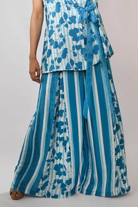 Buy Rimi Nayak Blue Viscose, Crepe Bougainvillea Printed Blazer Trouser Set Online at Aza Fashions Buy_Rimi Nayak_Blue Viscose, Crepe Bougainvillea Printed Blazer Trouser Set _Online_at_Aza_Fashions