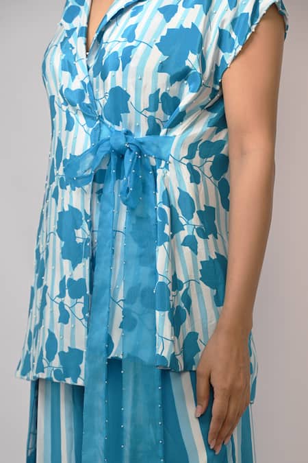 Shop Rimi Nayak Blue Viscose, Crepe Bougainvillea Printed Blazer Trouser Set Online at Aza Fashions Shop_Rimi Nayak_Blue Viscose, Crepe Bougainvillea Printed Blazer Trouser Set _Online_at_Aza_Fashions