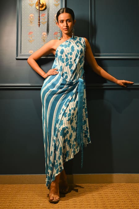 Rimi Nayak Blue Viscose, Crepe Pearls One Shoulder Bougainvillea Dress