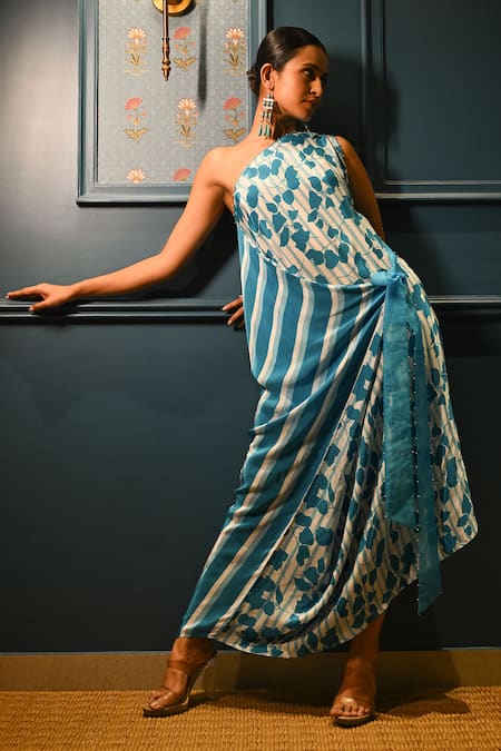 Buy Rimi Nayak Blue Viscose, Crepe Pearls One Shoulder Bougainvillea Dress Online at Aza Fashions Buy_Rimi Nayak_Blue Viscose, Crepe Pearls One Shoulder Bougainvillea Dress _Online_at_Aza_Fashions