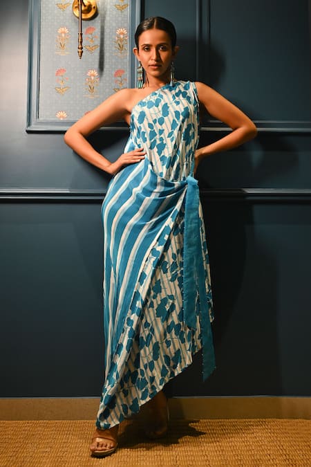Shop Rimi Nayak Blue Viscose, Crepe Pearls One Shoulder Bougainvillea Dress Online at Aza Fashions Shop_Rimi Nayak_Blue Viscose, Crepe Pearls One Shoulder Bougainvillea Dress _Online_at_Aza_Fashions