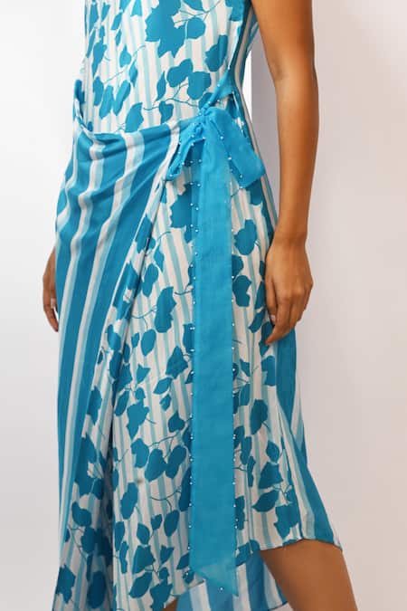 Rimi Nayak Blue Viscose, Crepe Pearls One Shoulder Bougainvillea Dress at Aza Fashions Rimi Nayak_Blue Viscose, Crepe Pearls One Shoulder Bougainvillea Dress _at_Aza_Fashions