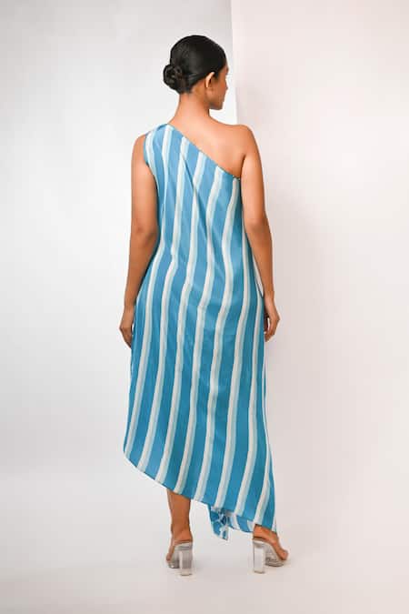 Shop Rimi Nayak Blue Viscose, Crepe Pearls One Shoulder Bougainvillea Dress at Aza Fashions Shop_Rimi Nayak_Blue Viscose, Crepe Pearls One Shoulder Bougainvillea Dress _at_Aza_Fashions