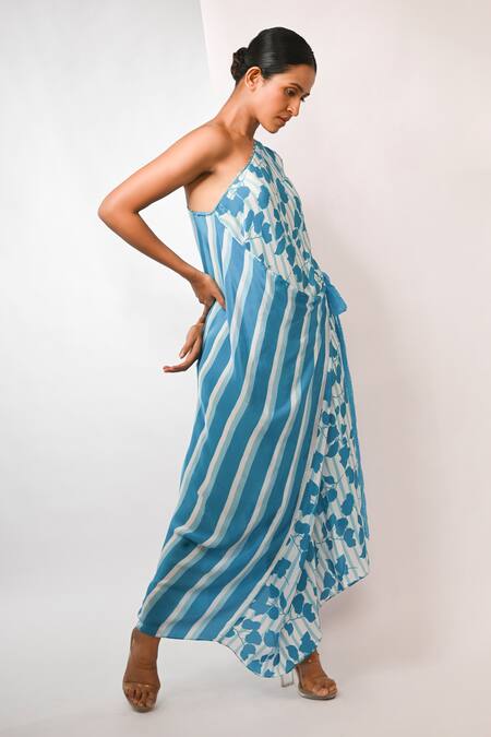 Buy Rimi Nayak Blue Viscose, Crepe Pearls One Shoulder Bougainvillea Dress Buy_Rimi Nayak_Blue Viscose, Crepe Pearls One Shoulder Bougainvillea Dress