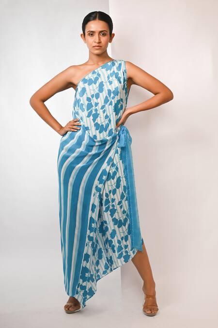 Shop Rimi Nayak Blue Viscose, Crepe Pearls One Shoulder Bougainvillea Dress Shop_Rimi Nayak_Blue Viscose, Crepe Pearls One Shoulder Bougainvillea Dress