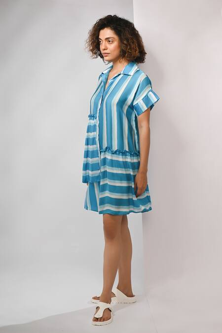 Rimi Nayak_Blue Bemberg, Satin Collared Stripe Tiered Dress _Online_at_Aza_Fashions