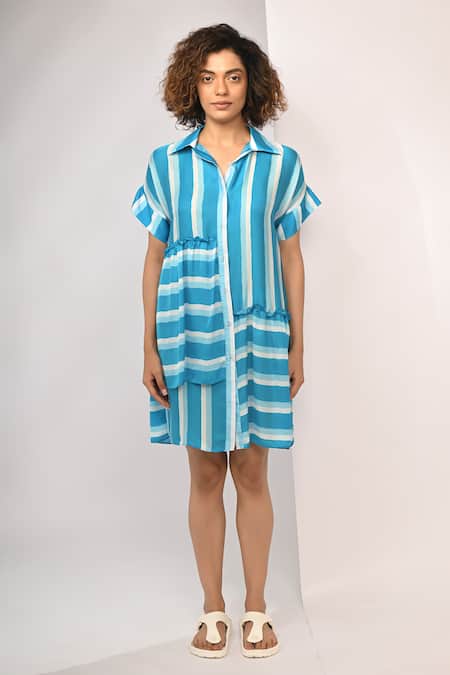 Rimi Nayak Blue Bemberg, Satin Collared Stripe Tiered Dress