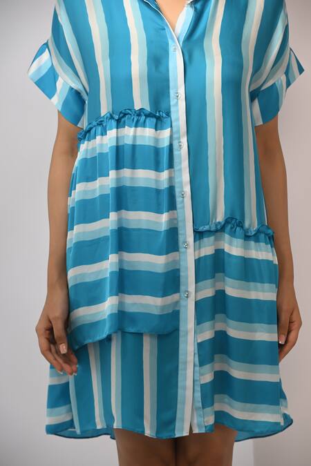 Buy_Rimi Nayak_Blue Bemberg, Satin Collared Stripe Tiered Dress _Online_at_Aza_Fashions