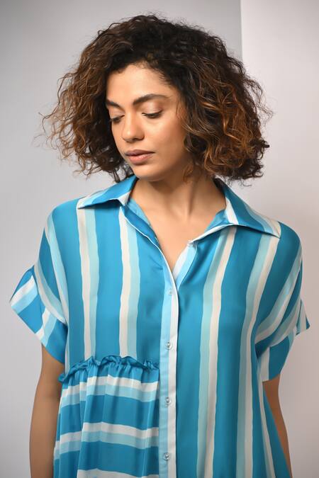 Shop_Rimi Nayak_Blue Bemberg, Satin Collared Stripe Tiered Dress _Online_at_Aza_Fashions