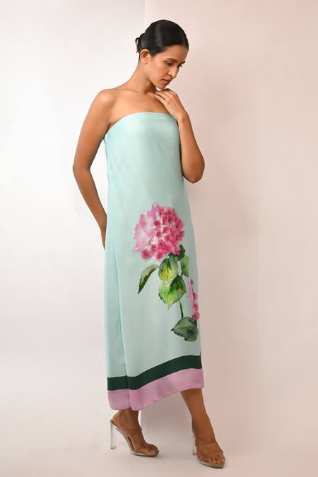 Rimi Nayak Blue Bemberg, Satin Embroidery Off-shoulder Hydrangea Dress Online at Aza Fashions Rimi Nayak_Blue Bemberg, Satin Embroidery Off-shoulder Hydrangea Dress _Online_at_Aza_Fashions