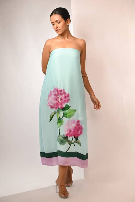 Rimi Nayak Blue Bemberg, Satin Embroidery Off-shoulder Hydrangea Dress