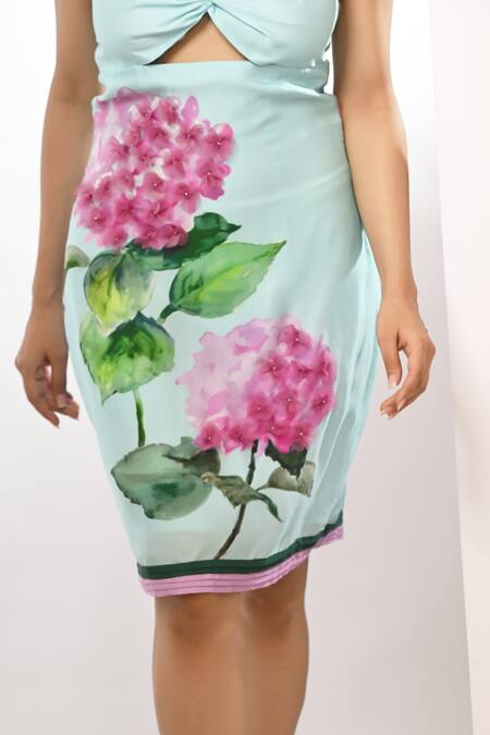 Shop_Rimi Nayak_Blue Bemberg, Satin Embroidery Halter Neck Hydrangea Dress _Online_at_Aza_Fashions